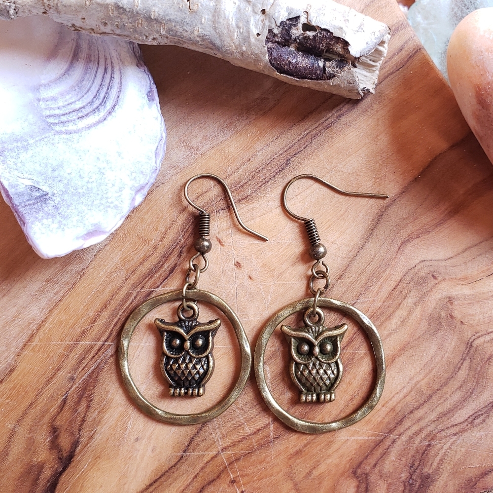 Handmade Bronze Hoot Hoot Owl in Hoop Antique Bronze Rustic Boho Earrings